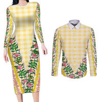 Hawaii Pikake Lokelani Plumeria Lei Couples Matching Long Sleeve Bodycon Dress and Long Sleeve Button Shirt Yellow Palaka Motifs