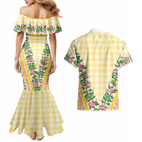 Hawaii Pikake Lokelani Plumeria Lei Couples Matching Mermaid Dress and Hawaiian Shirt Yellow Palaka Motifs