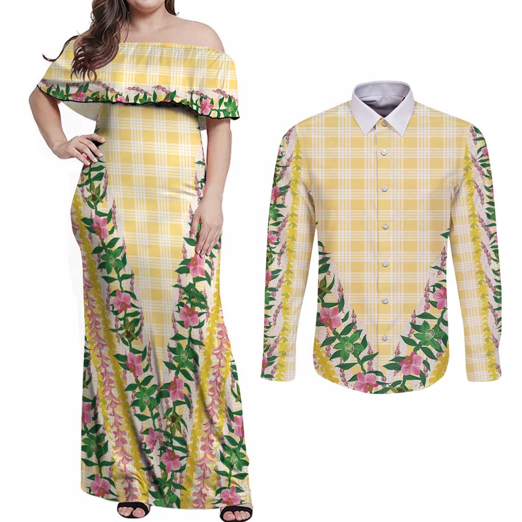 Hawaii Pikake Lokelani Plumeria Lei Couples Matching Off Shoulder Maxi Dress and Long Sleeve Button Shirt Yellow Palaka Motifs
