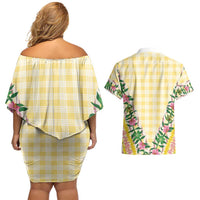 Hawaii Pikake Lokelani Plumeria Lei Couples Matching Off Shoulder Short Dress and Hawaiian Shirt Yellow Palaka Motifs