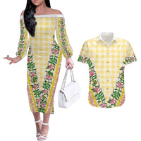Hawaii Pikake Lokelani Plumeria Lei Couples Matching Off The Shoulder Long Sleeve Dress and Hawaiian Shirt Yellow Palaka Motifs