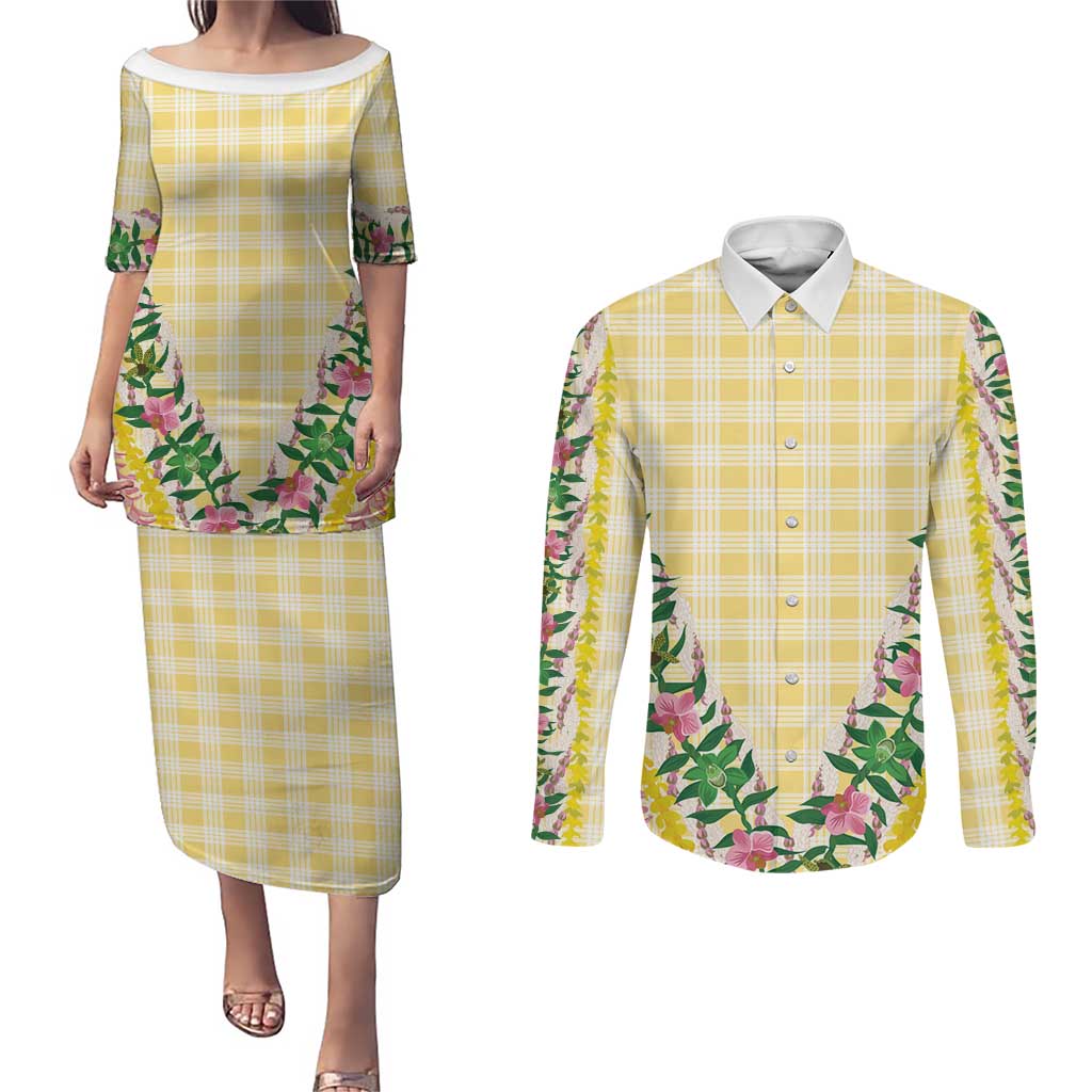 Hawaii Pikake Lokelani Plumeria Lei Couples Matching Puletasi and Long Sleeve Button Shirt Yellow Palaka Motifs