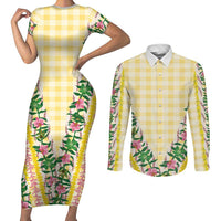 Hawaii Pikake Lokelani Plumeria Lei Couples Matching Short Sleeve Bodycon Dress and Long Sleeve Button Shirt Yellow Palaka Motifs LT05 Yellow - Polynesian Pride