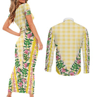 Hawaii Pikake Lokelani Plumeria Lei Couples Matching Short Sleeve Bodycon Dress and Long Sleeve Button Shirt Yellow Palaka Motifs LT05 - Polynesian Pride
