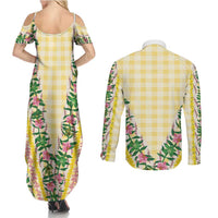 Hawaii Pikake Lokelani Plumeria Lei Couples Matching Summer Maxi Dress and Long Sleeve Button Shirt Yellow Palaka Motifs