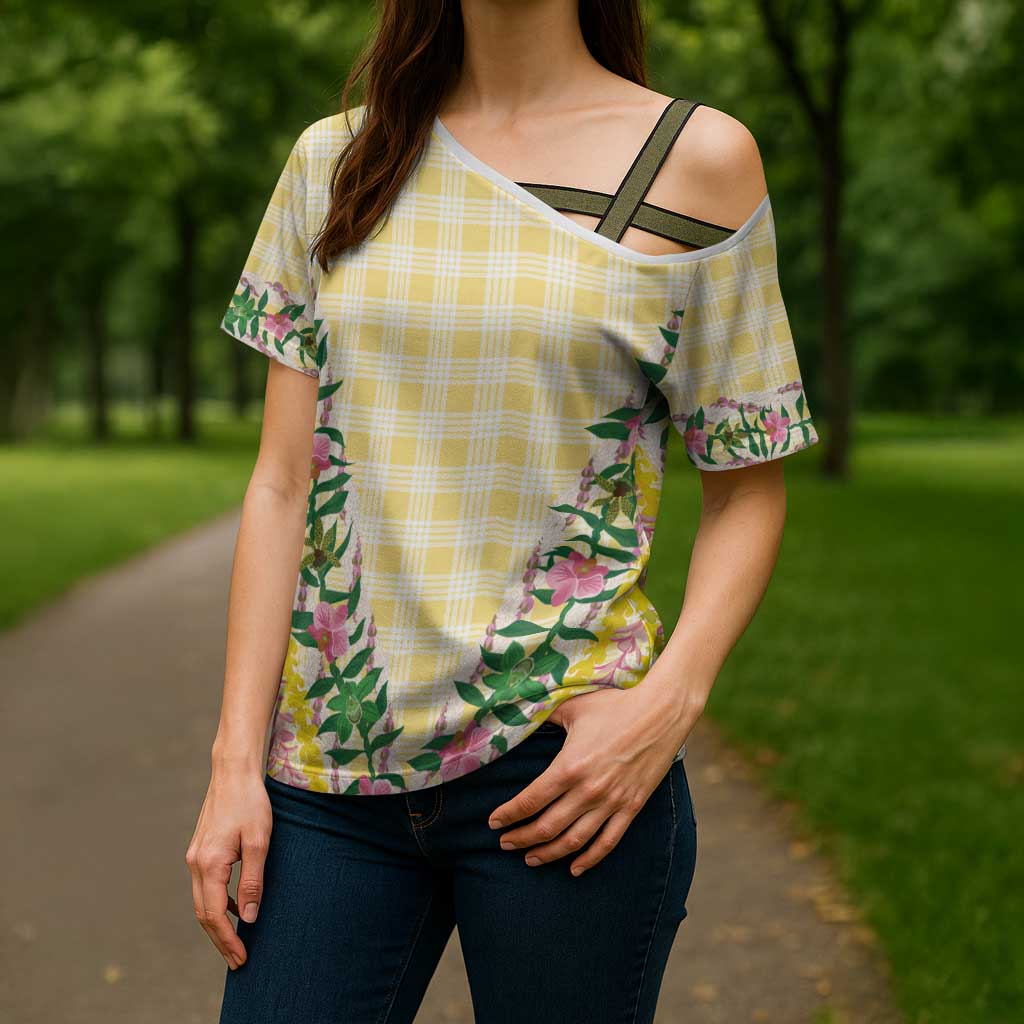 Hawaii Pikake Lokelani Plumeria Lei Cross Shoulder Shirt Yellow Palaka Motifs