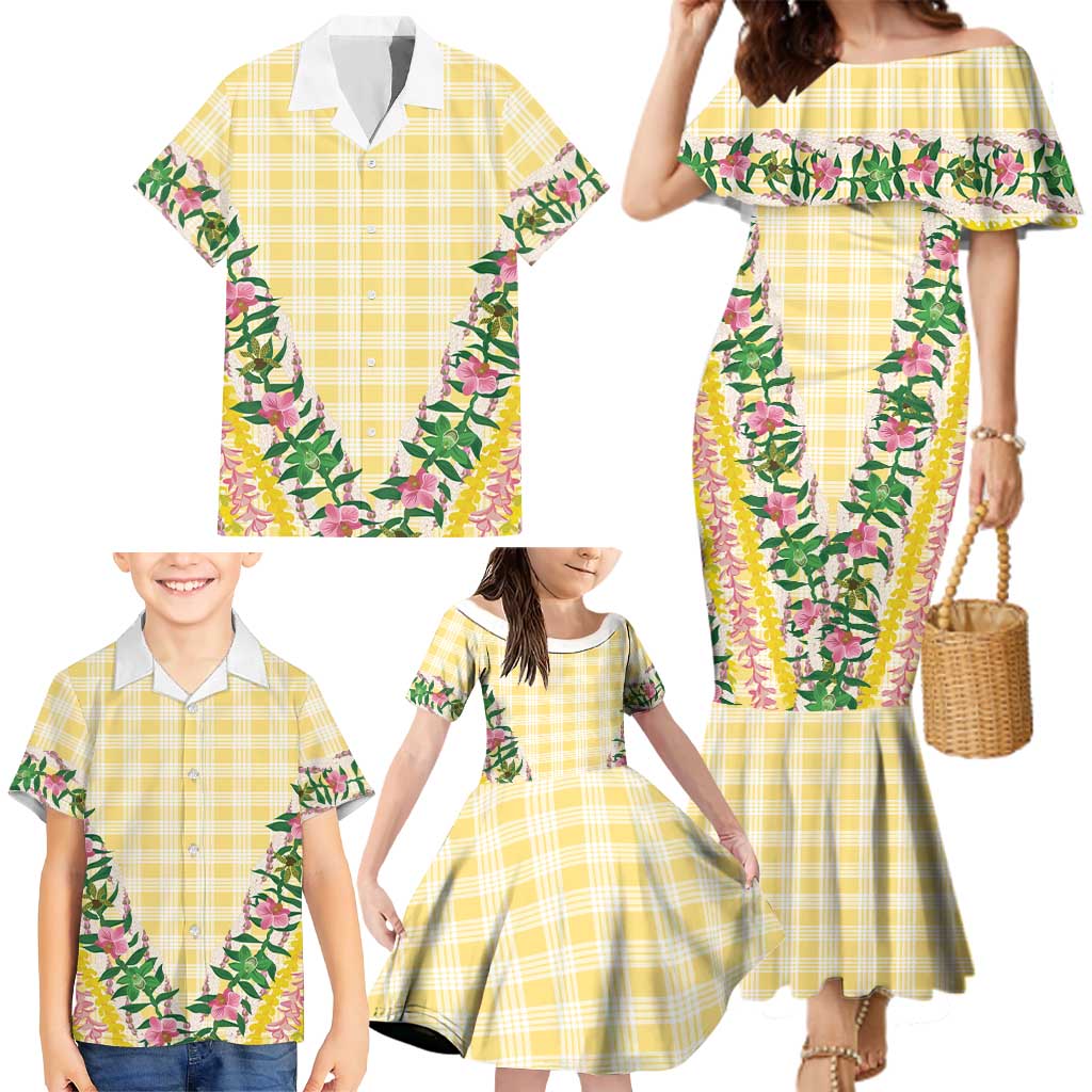 Hawaii Pikake Lokelani Plumeria Lei Family Matching Mermaid Dress and Hawaiian Shirt Yellow Palaka Motifs