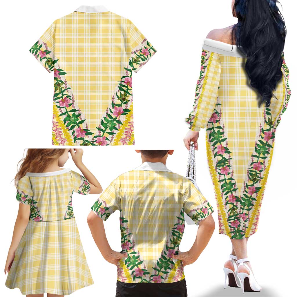 Hawaii Pikake Lokelani Plumeria Lei Family Matching Off The Shoulder Long Sleeve Dress and Hawaiian Shirt Yellow Palaka Motifs