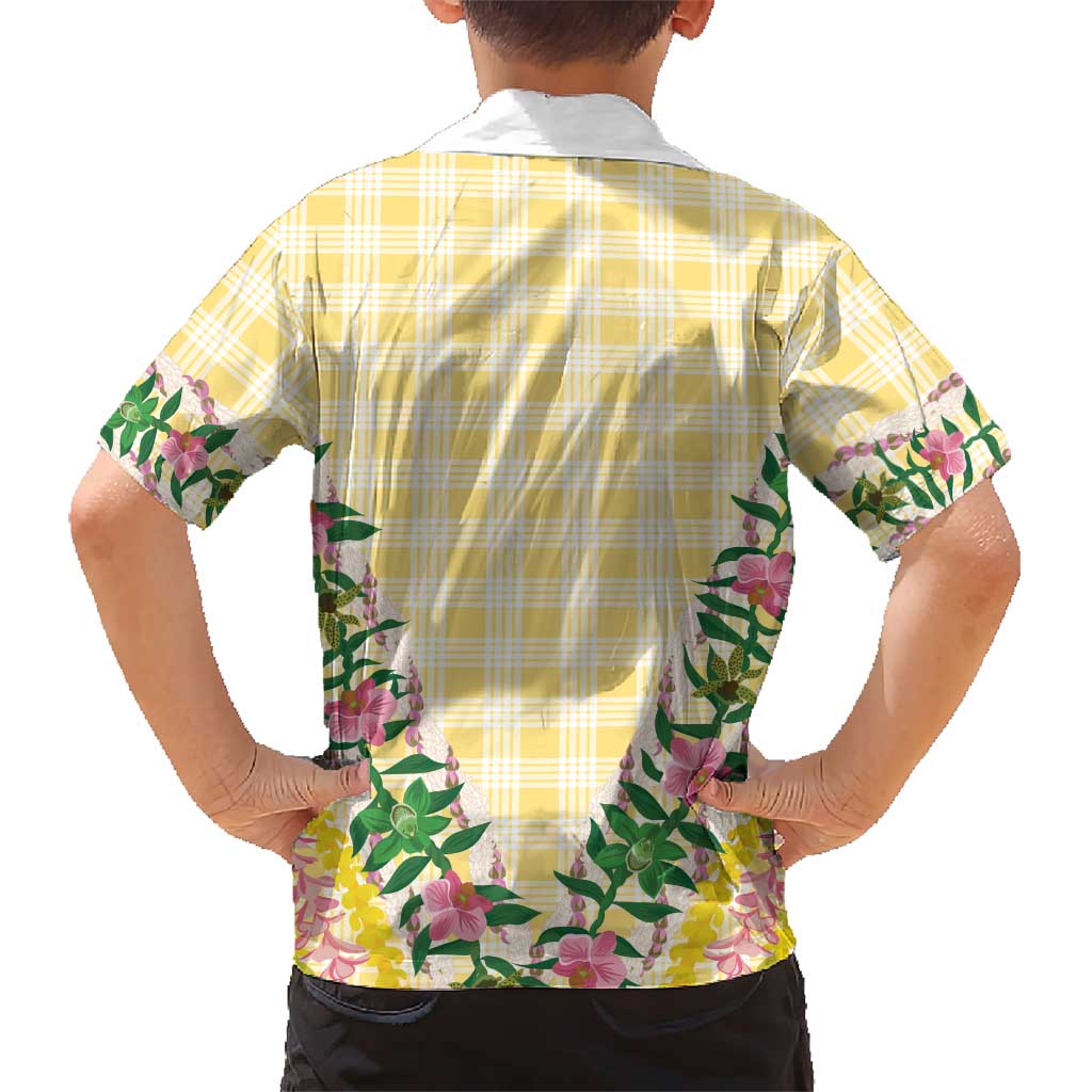 Hawaii Pikake Lokelani Plumeria Lei Family Matching Off Shoulder Maxi Dress and Hawaiian Shirt Yellow Palaka Motifs LT05 - Polynesian Pride