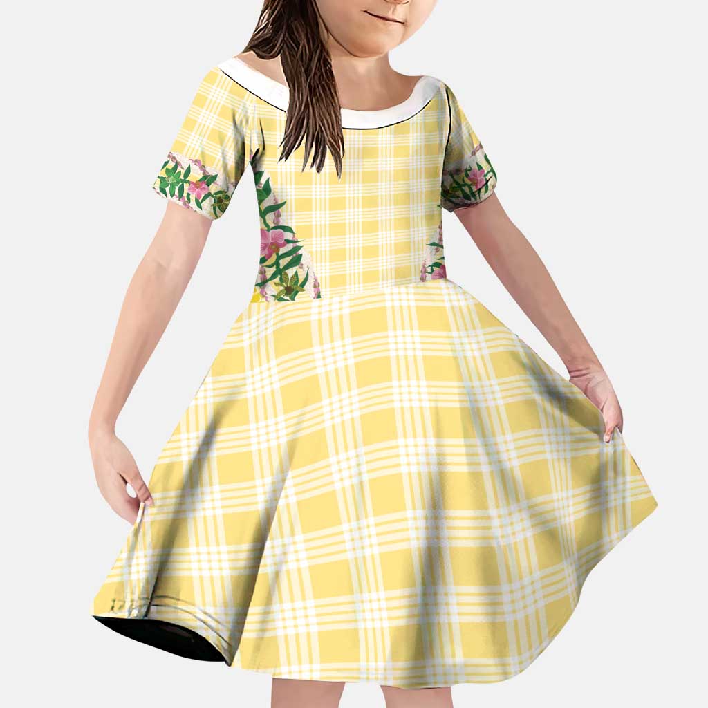Hawaii Pikake Lokelani Plumeria Lei Family Matching Off Shoulder Maxi Dress and Hawaiian Shirt Yellow Palaka Motifs LT05 Daughter's Dress Yellow - Polynesian Pride