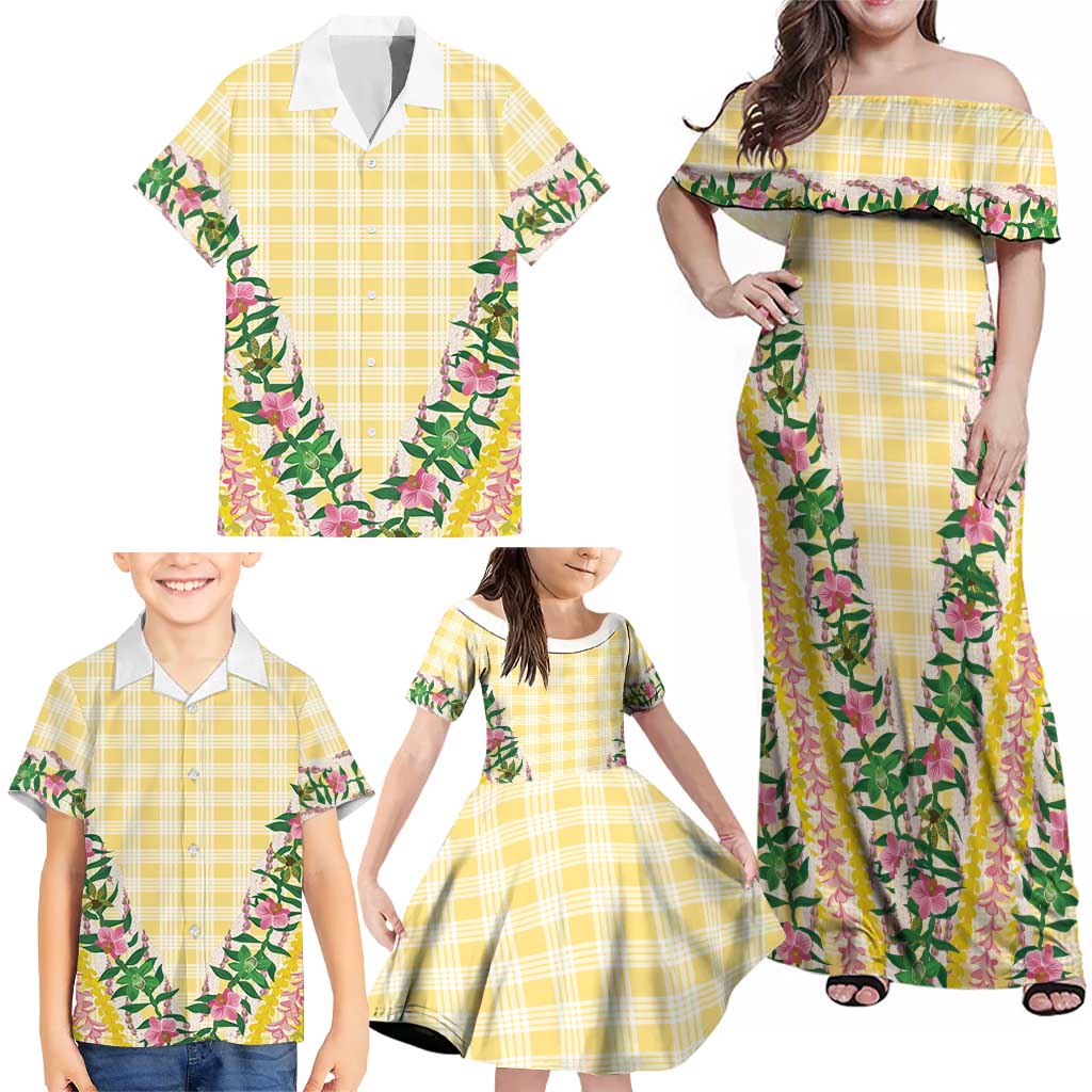 Hawaii Pikake Lokelani Plumeria Lei Family Matching Off Shoulder Maxi Dress and Hawaiian Shirt Yellow Palaka Motifs LT05 - Polynesian Pride