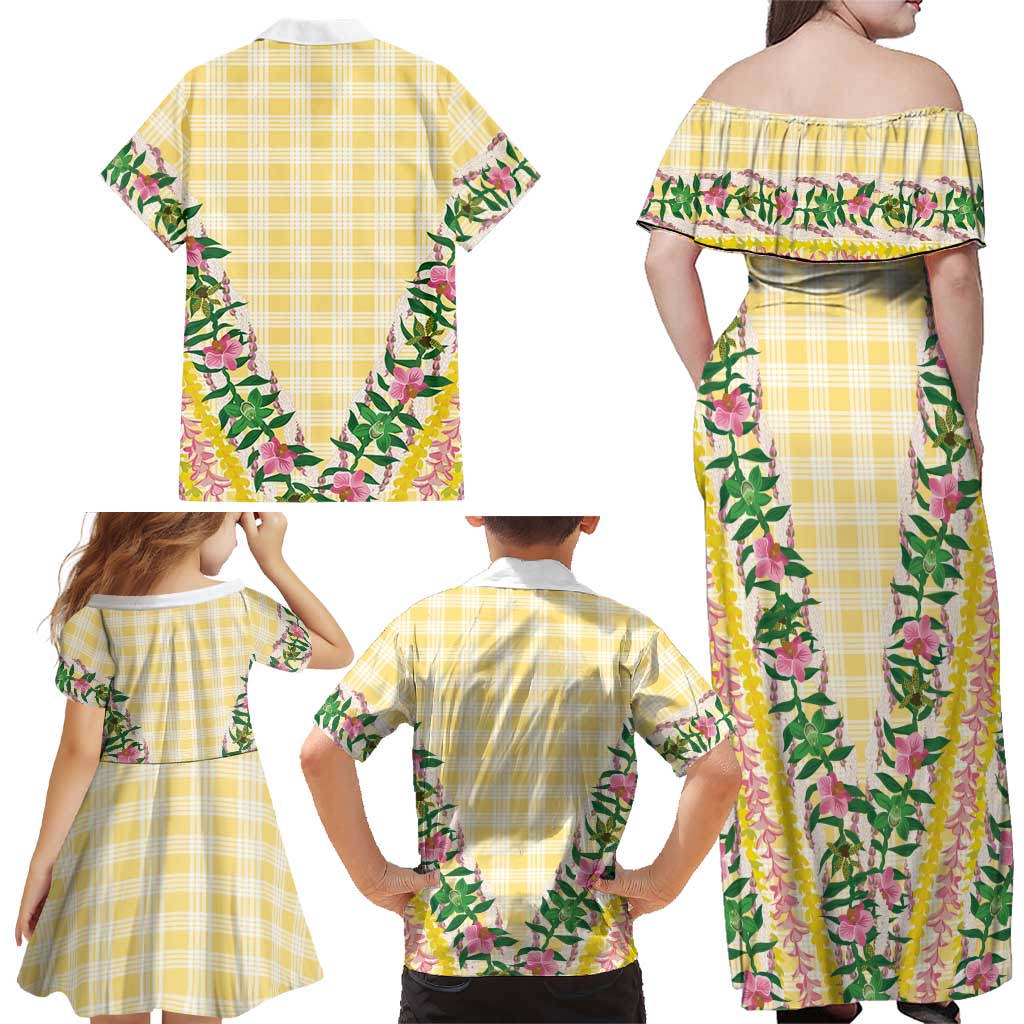 Hawaii Pikake Lokelani Plumeria Lei Family Matching Off Shoulder Maxi Dress and Hawaiian Shirt Yellow Palaka Motifs LT05 - Polynesian Pride