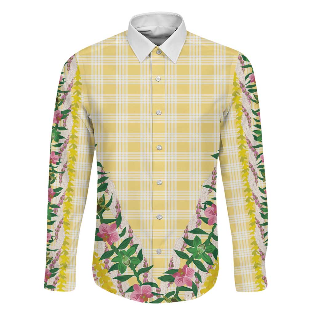 Hawaii Pikake Lokelani Plumeria Lei Family Matching Off Shoulder Maxi Dress and Hawaiian Shirt Yellow Palaka Motifs LT05 Dad's Shirt - Long Sleeve Yellow - Polynesian Pride
