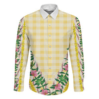 Hawaii Pikake Lokelani Plumeria Lei Family Matching Off Shoulder Maxi Dress and Hawaiian Shirt Yellow Palaka Motifs LT05 Dad's Shirt - Long Sleeve Yellow - Polynesian Pride