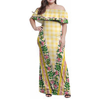 Hawaii Pikake Lokelani Plumeria Lei Family Matching Off Shoulder Maxi Dress and Hawaiian Shirt Yellow Palaka Motifs LT05 Mom's Dress Yellow - Polynesian Pride