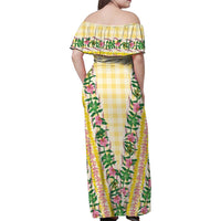 Hawaii Pikake Lokelani Plumeria Lei Family Matching Off Shoulder Maxi Dress and Hawaiian Shirt Yellow Palaka Motifs LT05 - Polynesian Pride