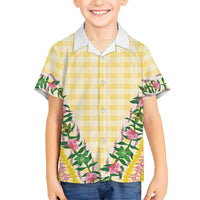 Hawaii Pikake Lokelani Plumeria Lei Family Matching Off Shoulder Maxi Dress and Hawaiian Shirt Yellow Palaka Motifs LT05 Son's Shirt Yellow - Polynesian Pride