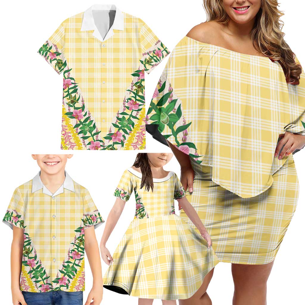 Hawaii Pikake Lokelani Plumeria Lei Family Matching Off Shoulder Short Dress and Hawaiian Shirt Yellow Palaka Motifs