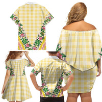 Hawaii Pikake Lokelani Plumeria Lei Family Matching Off Shoulder Short Dress and Hawaiian Shirt Yellow Palaka Motifs