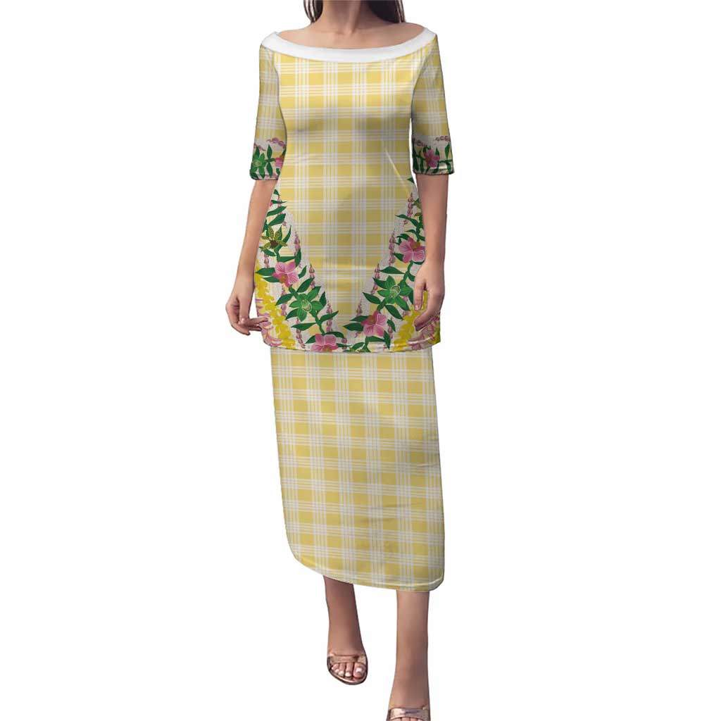 Hawaii Pikake Lokelani Plumeria Lei Family Matching Puletasi and Hawaiian Shirt Yellow Palaka Motifs