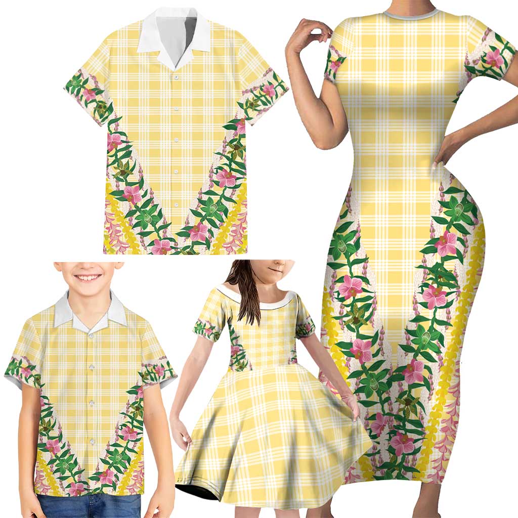 Hawaii Pikake Lokelani Plumeria Lei Family Matching Short Sleeve Bodycon Dress and Hawaiian Shirt Yellow Palaka Motifs