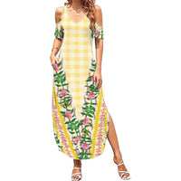 Hawaii Pikake Lokelani Plumeria Lei Family Matching Summer Maxi Dress and Hawaiian Shirt Yellow Palaka Motifs