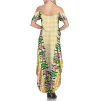 Hawaii Pikake Lokelani Plumeria Lei Family Matching Summer Maxi Dress and Hawaiian Shirt Yellow Palaka Motifs