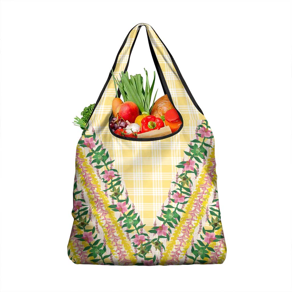 Hawaii Pikake Lokelani Plumeria Lei Grocery Bag Yellow Palaka Motifs