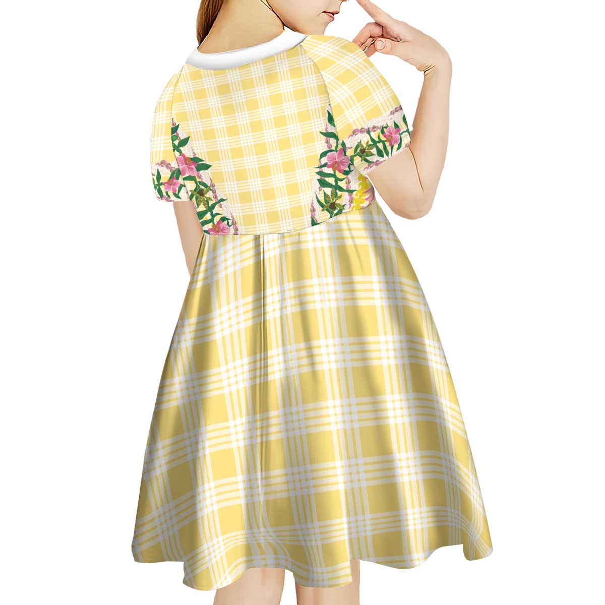 Hawaii Pikake Lokelani Plumeria Lei Kid Short Sleeve Dress Yellow Palaka Motifs
