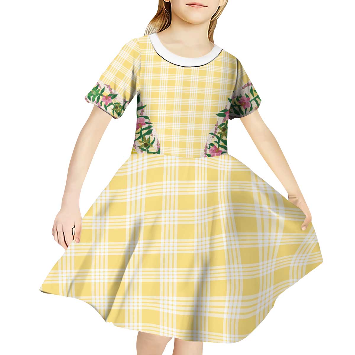 Hawaii Pikake Lokelani Plumeria Lei Kid Short Sleeve Dress Yellow Palaka Motifs