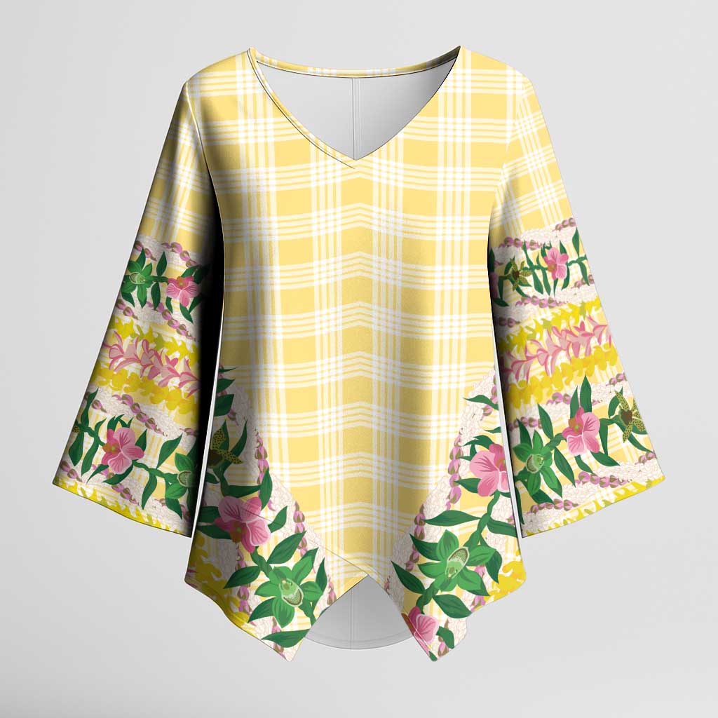 Hawaii Pikake Lokelani Plumeria Lei Kimono Sleeve Blouse Yellow Palaka Motifs