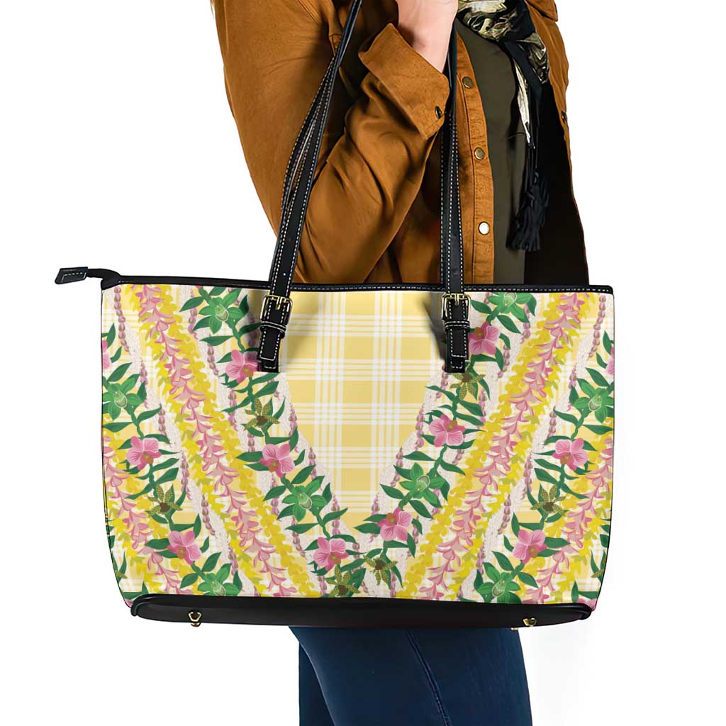 Hawaii Pikake Lokelani Plumeria Lei Leather Tote Bag Yellow Palaka Motifs LT05 - Polynesian Pride