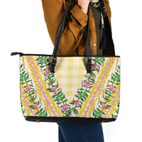 Hawaii Pikake Lokelani Plumeria Lei Leather Tote Bag Yellow Palaka Motifs LT05 - Polynesian Pride