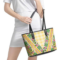 Hawaii Pikake Lokelani Plumeria Lei Leather Tote Bag Yellow Palaka Motifs LT05 - Polynesian Pride