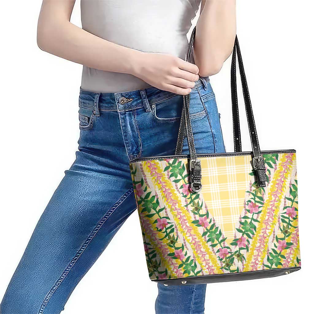 Hawaii Pikake Lokelani Plumeria Lei Leather Tote Bag Yellow Palaka Motifs LT05 - Polynesian Pride