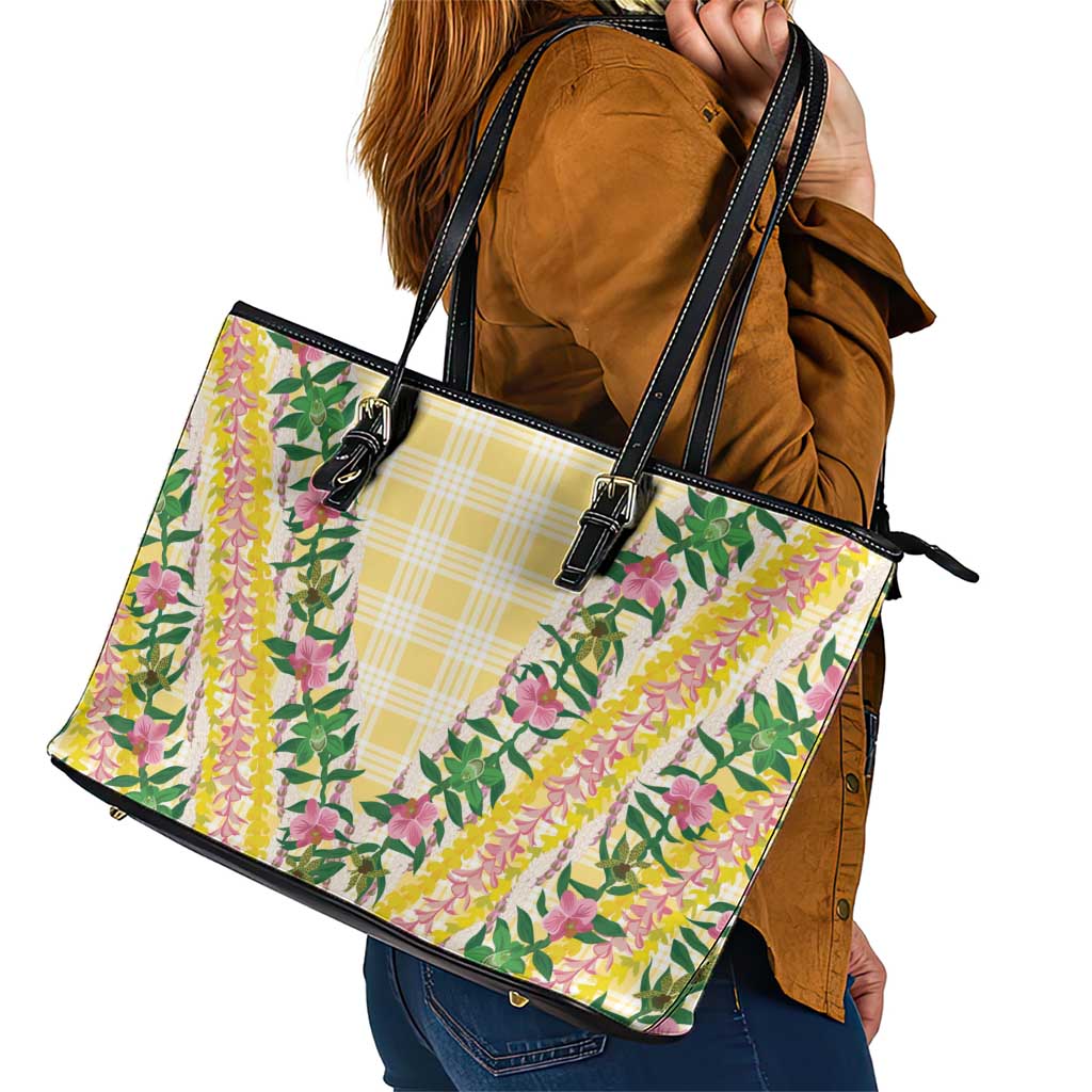 Hawaii Pikake Lokelani Plumeria Lei Leather Tote Bag Yellow Palaka Motifs LT05 - Polynesian Pride