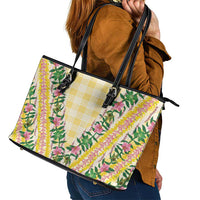 Hawaii Pikake Lokelani Plumeria Lei Leather Tote Bag Yellow Palaka Motifs LT05 - Polynesian Pride
