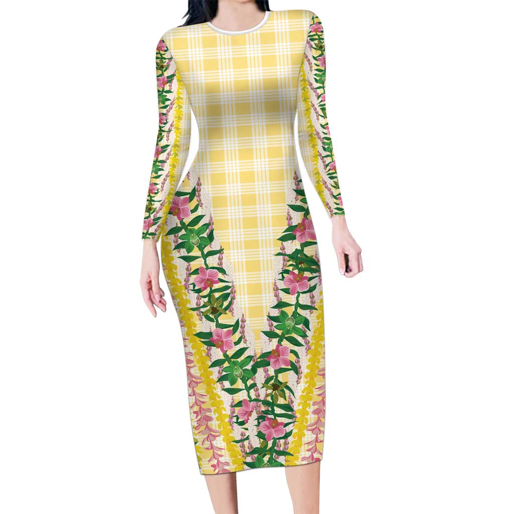 Hawaii Pikake Lokelani Plumeria Lei Long Sleeve Bodycon Dress Yellow Palaka Motifs