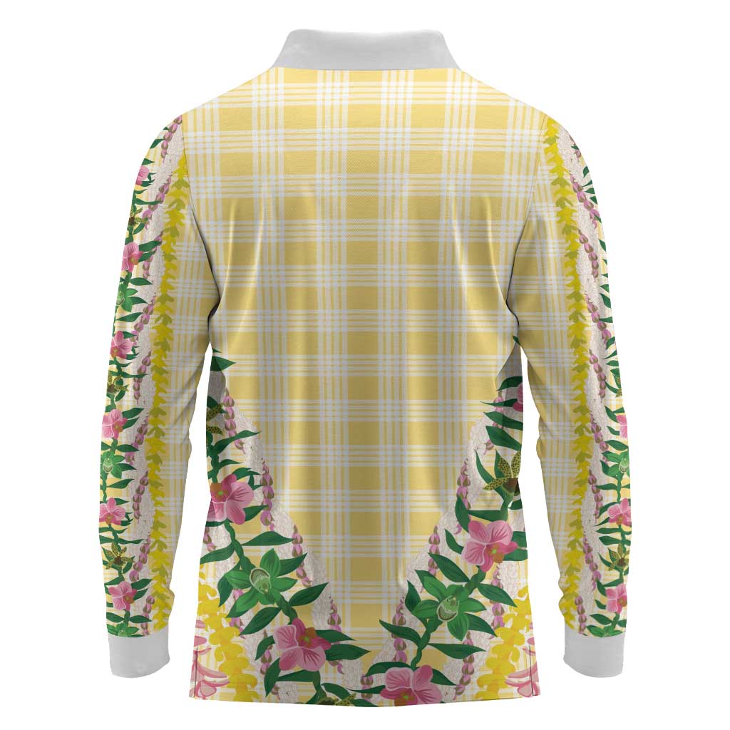 Hawaii Pikake Lokelani Plumeria Lei Long Sleeve Polo Shirt Yellow Palaka Motifs