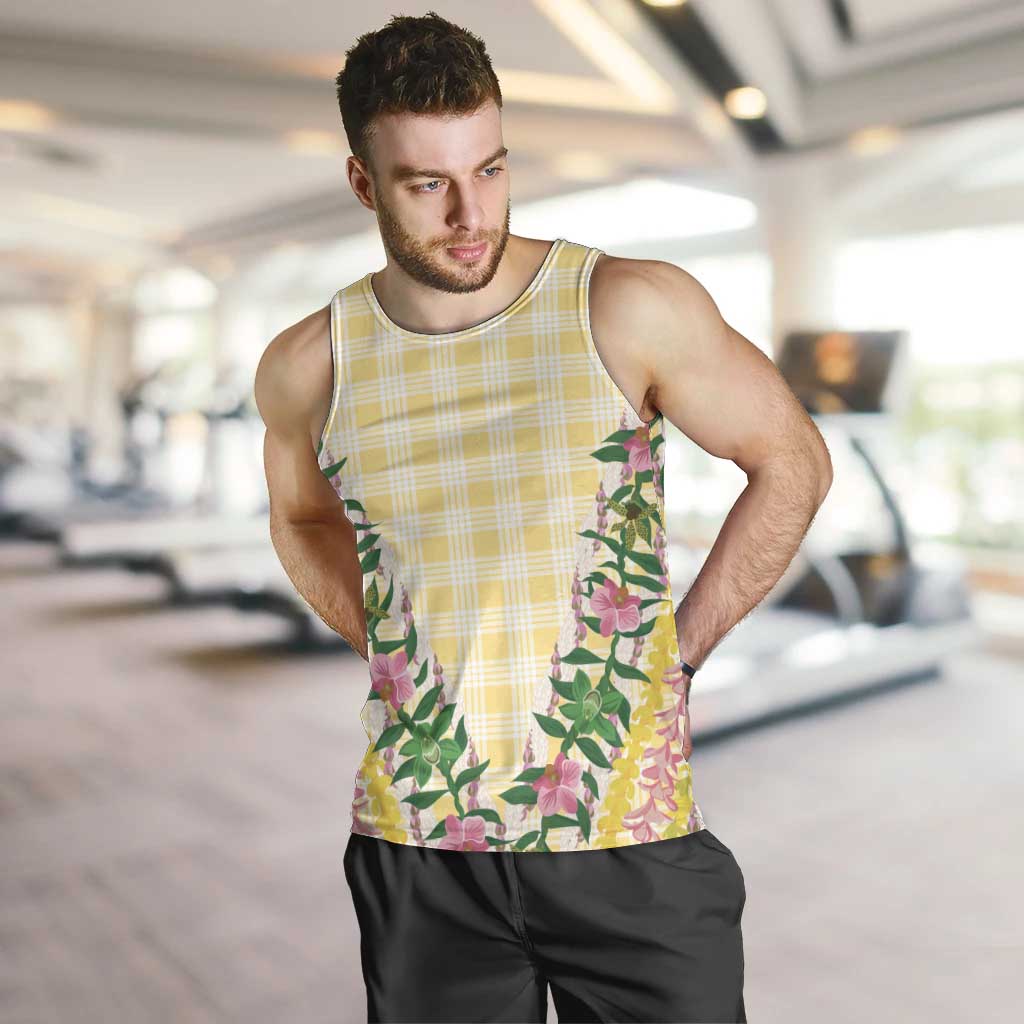 Hawaii Pikake Lokelani Plumeria Lei Men Tank Top Yellow Palaka Motifs