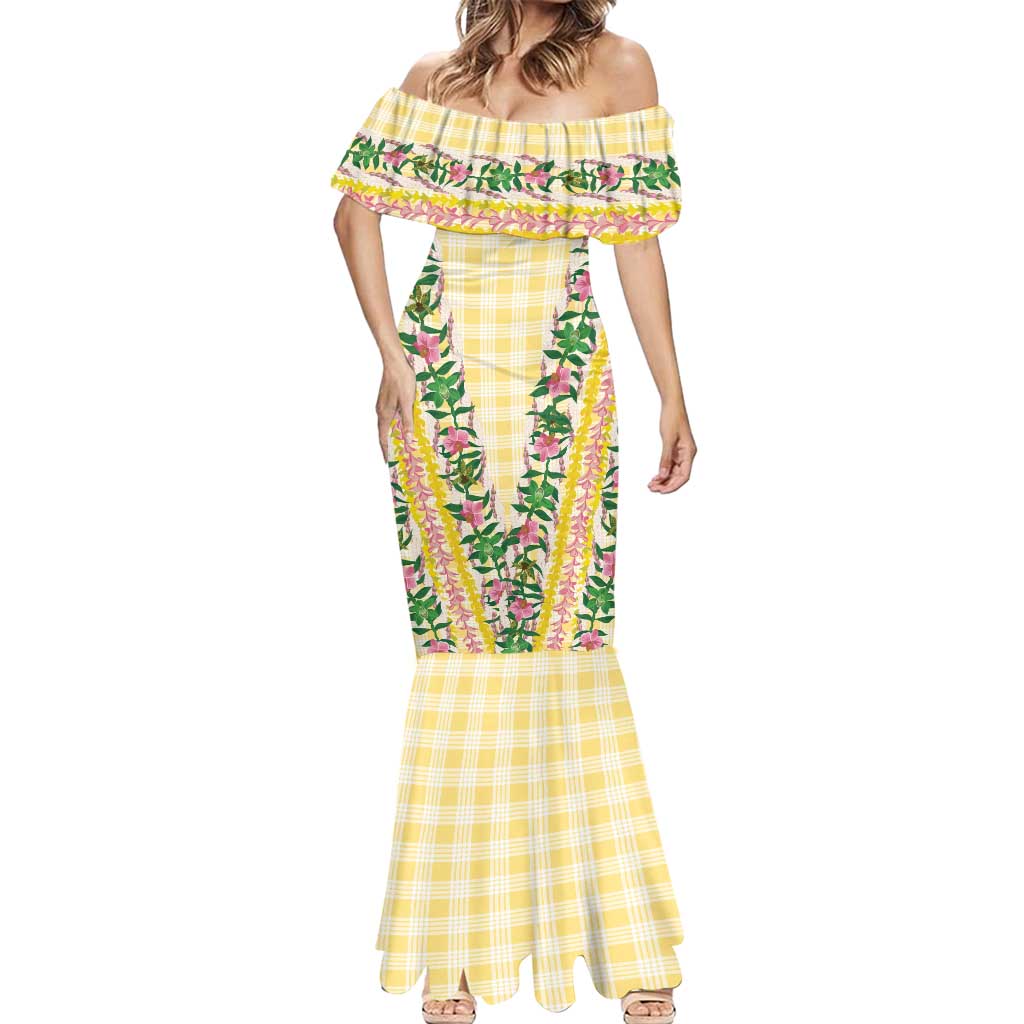 Hawaii Pikake Lokelani Plumeria Lei Mermaid Dress Yellow Palaka Motifs