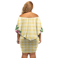 Hawaii Pikake Lokelani Plumeria Lei Off Shoulder Short Dress Yellow Palaka Motifs