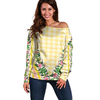 Hawaii Pikake Lokelani Plumeria Lei Off Shoulder Sweater Yellow Palaka Motifs