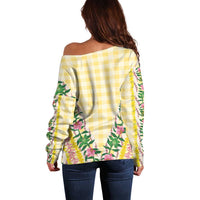 Hawaii Pikake Lokelani Plumeria Lei Off Shoulder Sweater Yellow Palaka Motifs