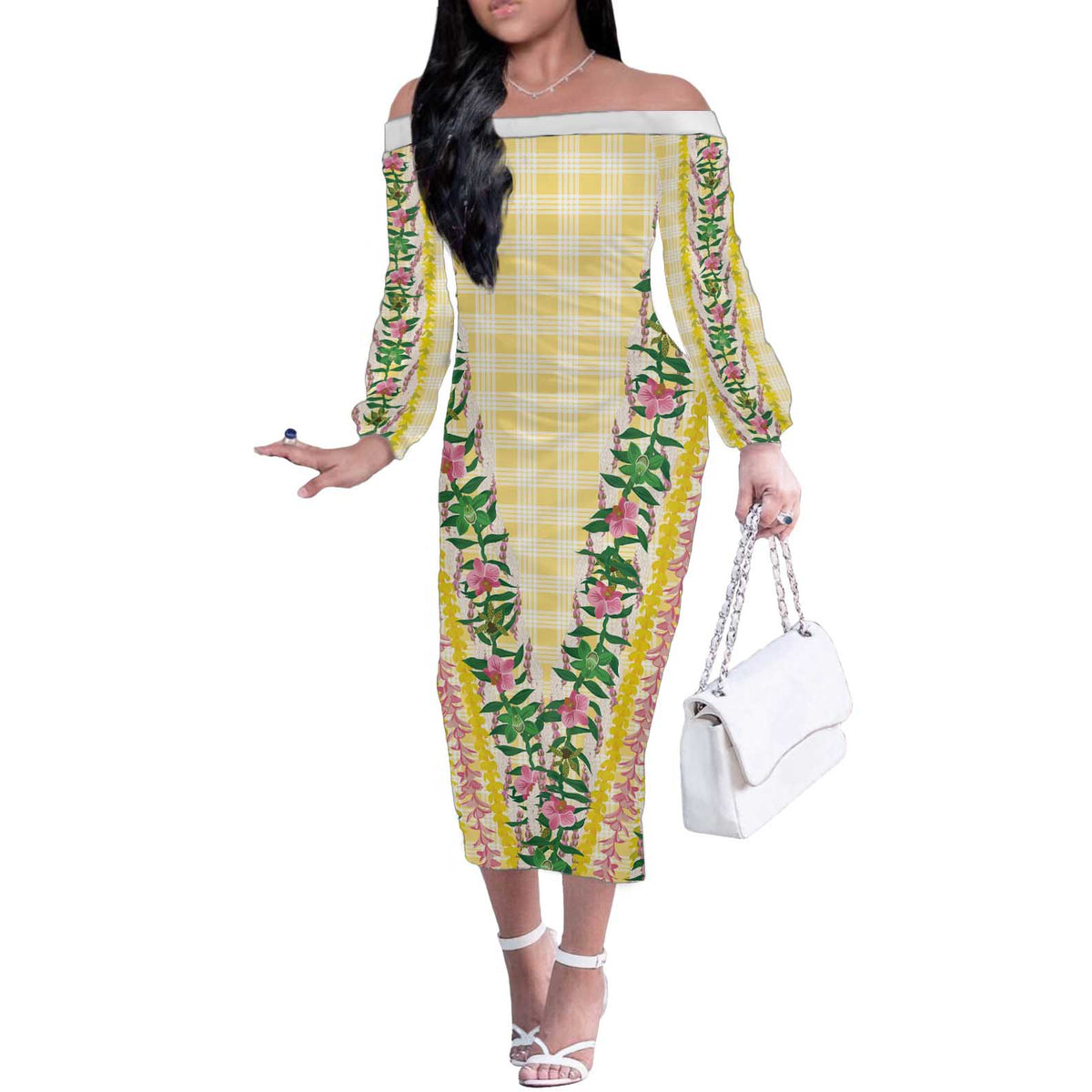 Hawaii Pikake Lokelani Plumeria Lei Off The Shoulder Long Sleeve Dress Yellow Palaka Motifs