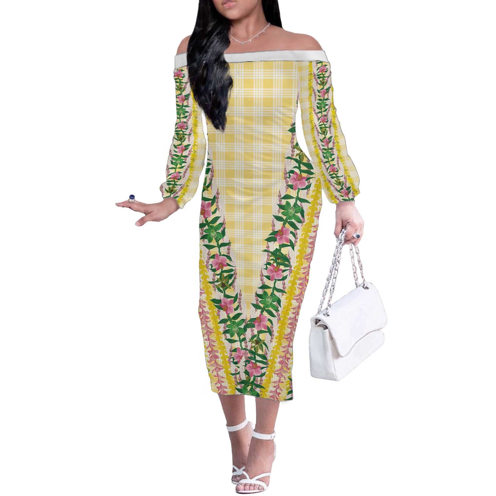 Hawaii Pikake Lokelani Plumeria Lei Off The Shoulder Long Sleeve Dress Yellow Palaka Motifs