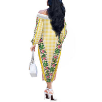 Hawaii Pikake Lokelani Plumeria Lei Off The Shoulder Long Sleeve Dress Yellow Palaka Motifs
