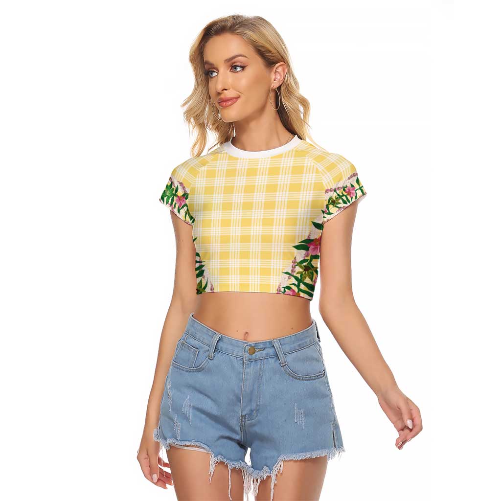 Hawaii Pikake Lokelani Plumeria Lei Raglan Cropped T Shirt Yellow Palaka Motifs