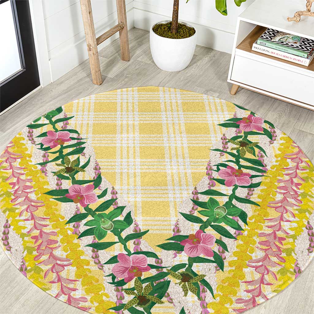 Hawaii Pikake Lokelani Plumeria Lei Round Carpet Yellow Palaka Motifs LT05 Yellow - Polynesian Pride