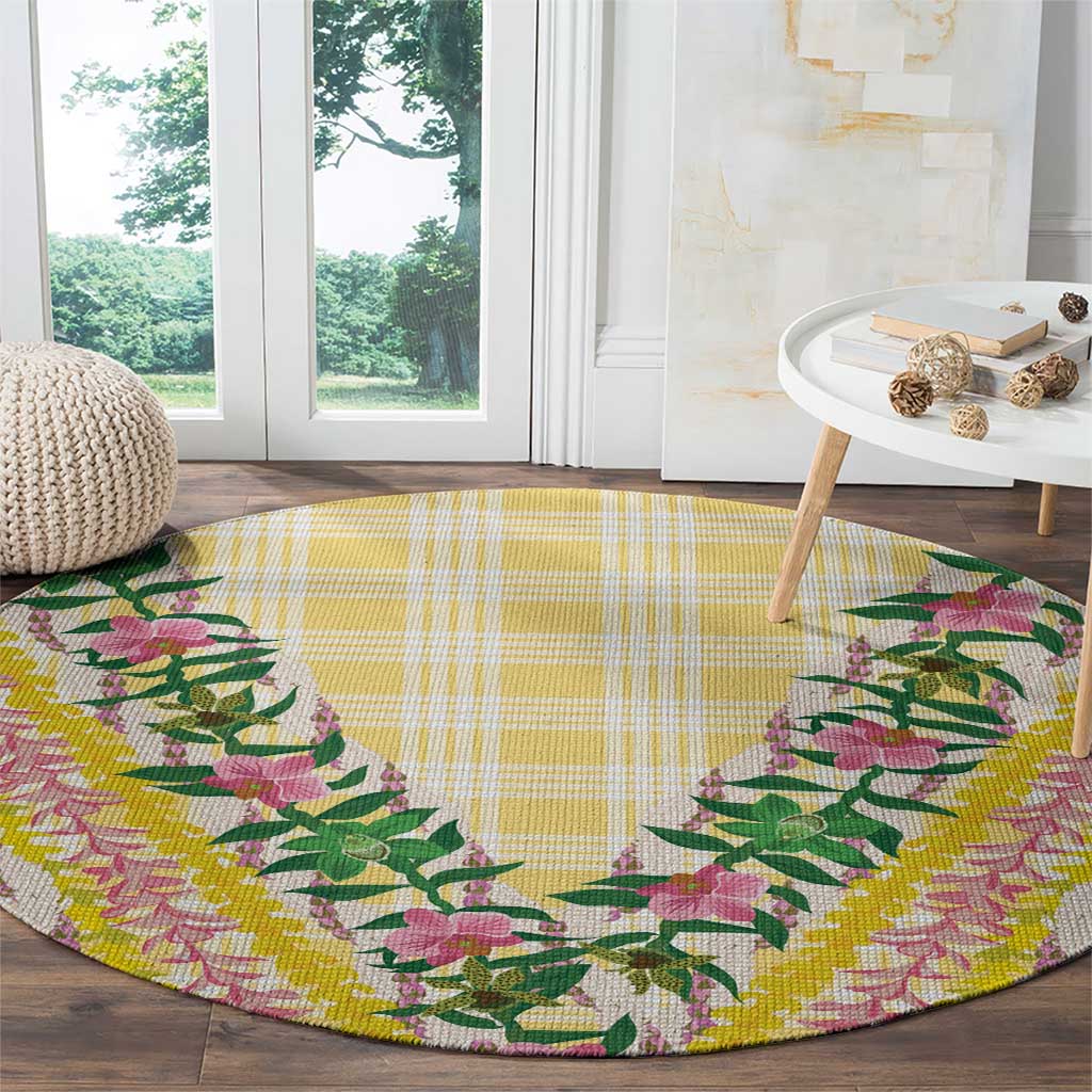 Hawaii Pikake Lokelani Plumeria Lei Round Carpet Yellow Palaka Motifs LT05 - Polynesian Pride